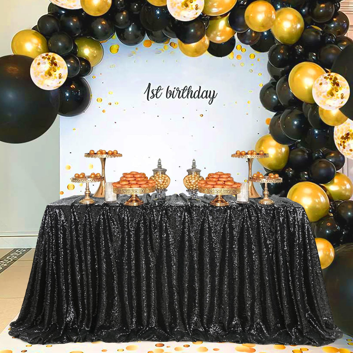 Nappe à sequins noirs SoarDream 90x156 pouces rectangulaire pour mariage, anniversaire, fête prénatale, remise de diplôme, décoration de table de fête d'Halloween en intérieur et en extérieur