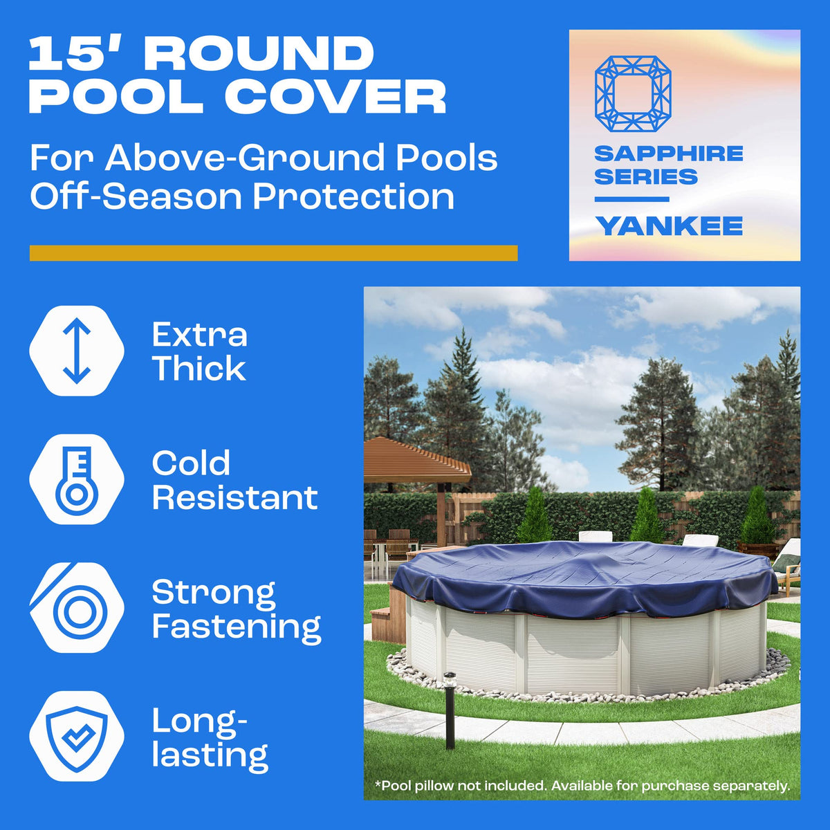 Winter Pool Cover 15 ft Round for Above Ground | Extra Thick & Durable Above-Ground Pool Cover | Sapphire Series of Premium Cold- and UV-Resistant Pool Cover | by Yankee Pool Pillow 🍁 All In One Marketplace Canada