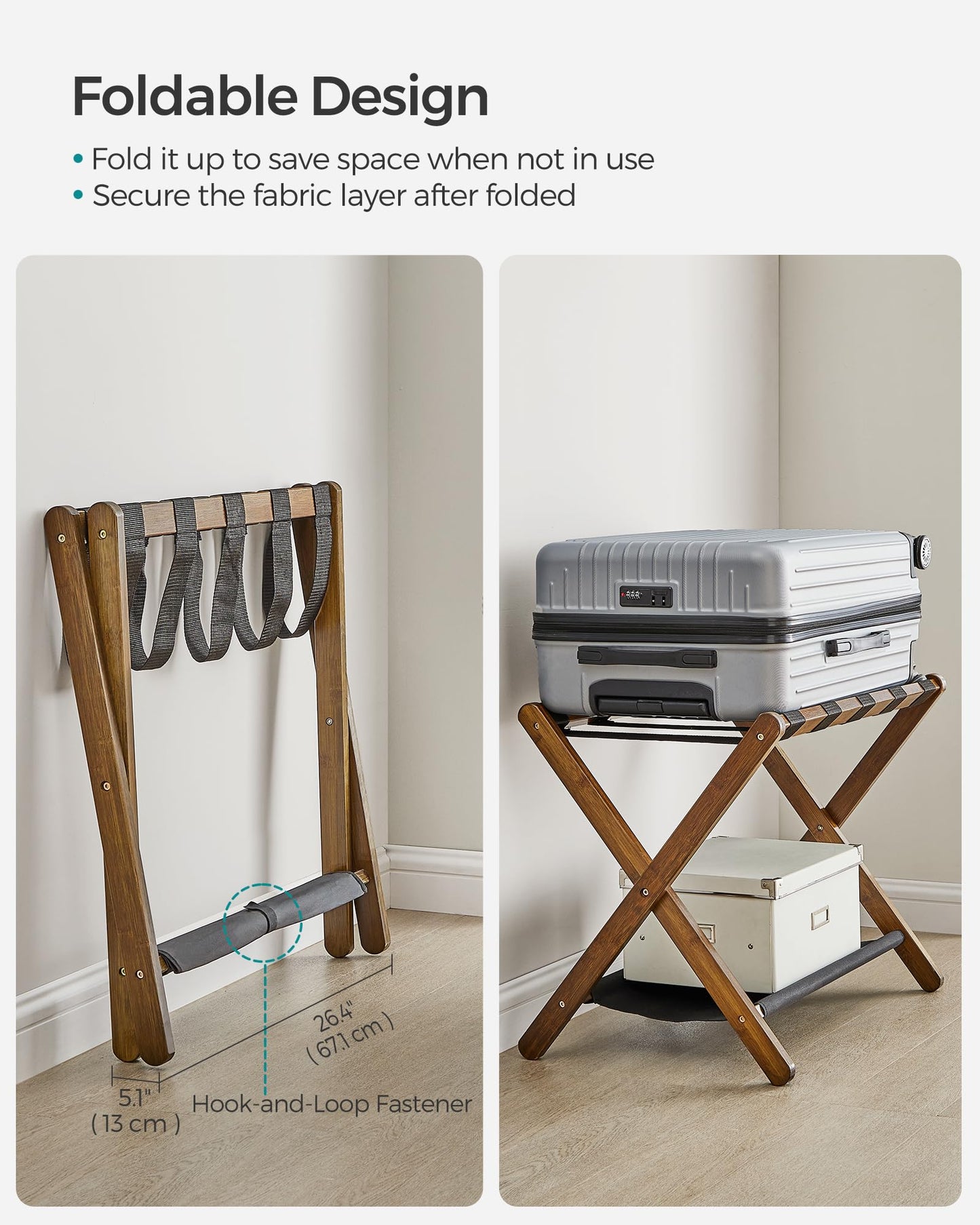 SONGMICS Luggage Rack, Bamboo Luggage Rack for Guest Room, Folding Suitcase Stand, for Hotel, Bedroom, Heavy-Duty, Holds up to 131 lb, Walnut Brown URLR007D01 SONGMICS