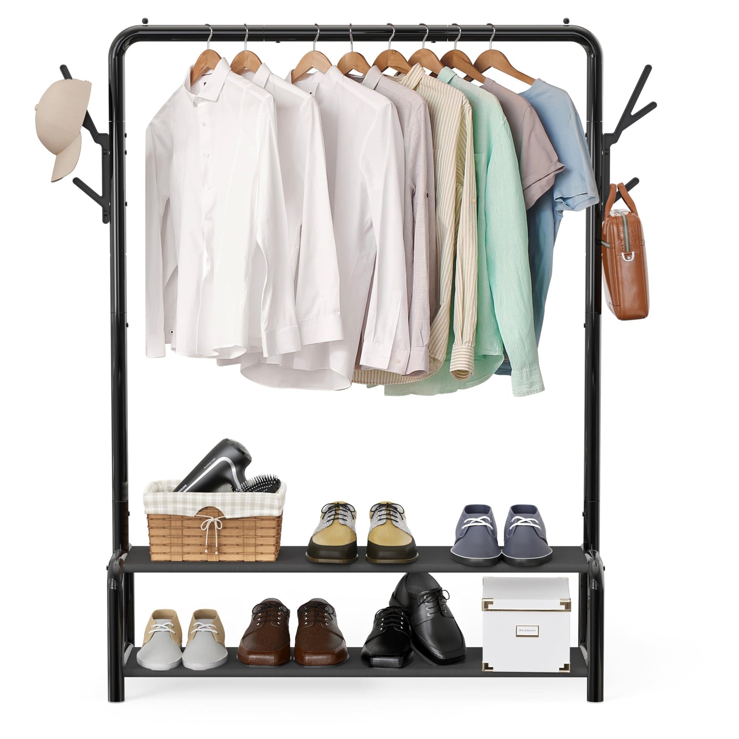 Simple Houseware 52-Inch Garment Rack with Storage Shelves and Coat/Hat Hanging Hooks, Black - Available at All In One Marketplace Canada
