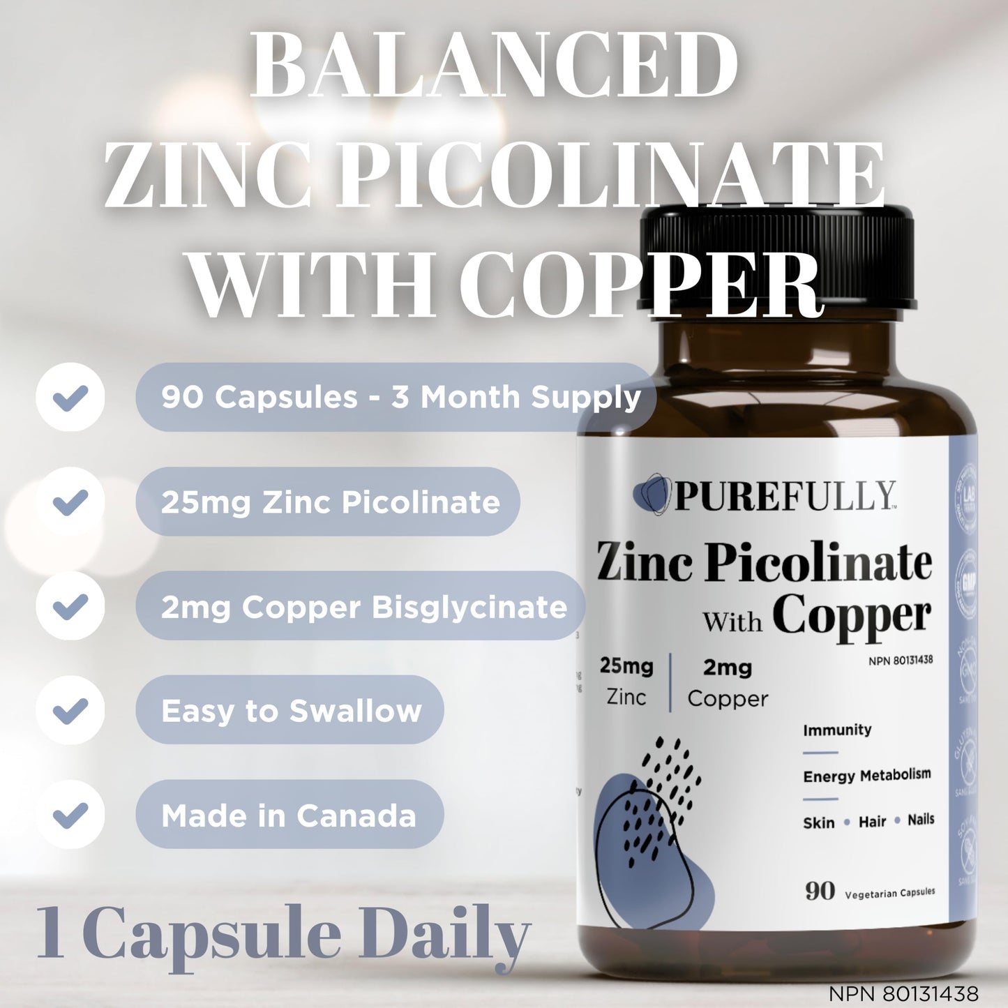 PUREFULLY Zinc Picolinate 25mg with Copper 2mg Capsules - Multi-Mineral Zinc with Copper Supplement for Immune Support - Vegan, Gluten Free (90 capsules) - Available at All In One Marketplace Canada