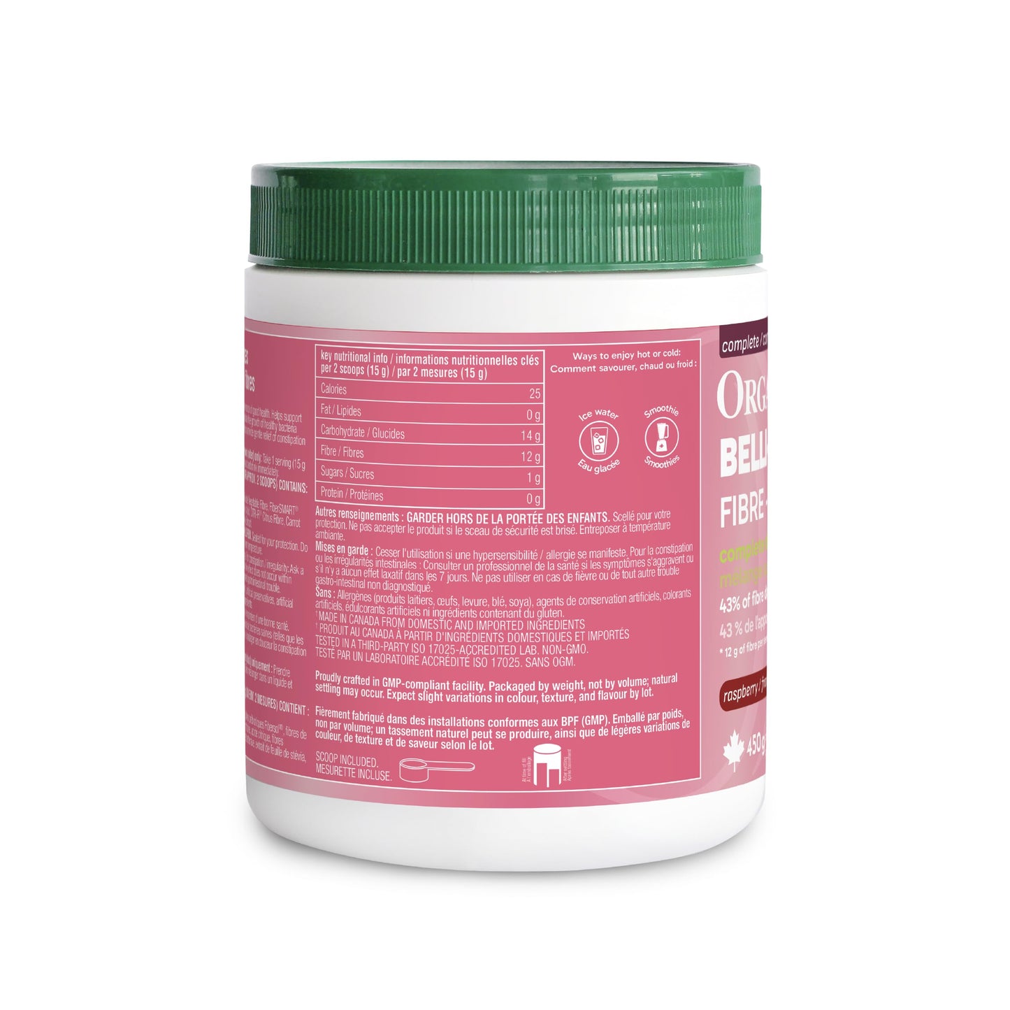 Organika Canadian-Made Belli Bliss Fibre | High Fibre Blend, 4 Diverse Sources of Fibre | Supports Digestive Health, Constipation Relief, Weight Control - Raspberry, 450g 🍁 All In One Marketplace Canada