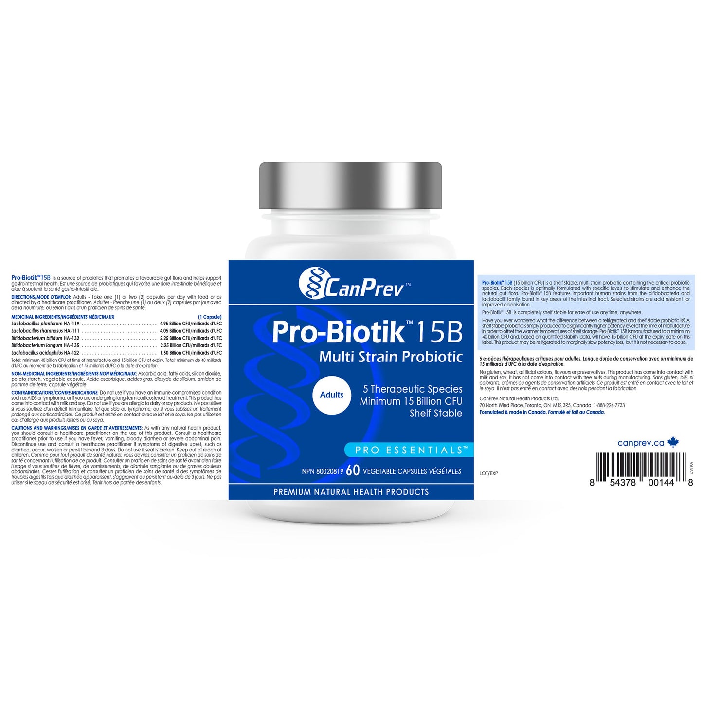 CanPrev Pro-Biotik 15 Billion CFU, 60 V-Caps 60-Day Supply - Non-GMO & Gluten-Free - Advanced Gut Health Formula with 5 Probiotic Strains Supplement - Supports Digestive Balance and Eases Bloating - Available at All In One Marketplace Canada