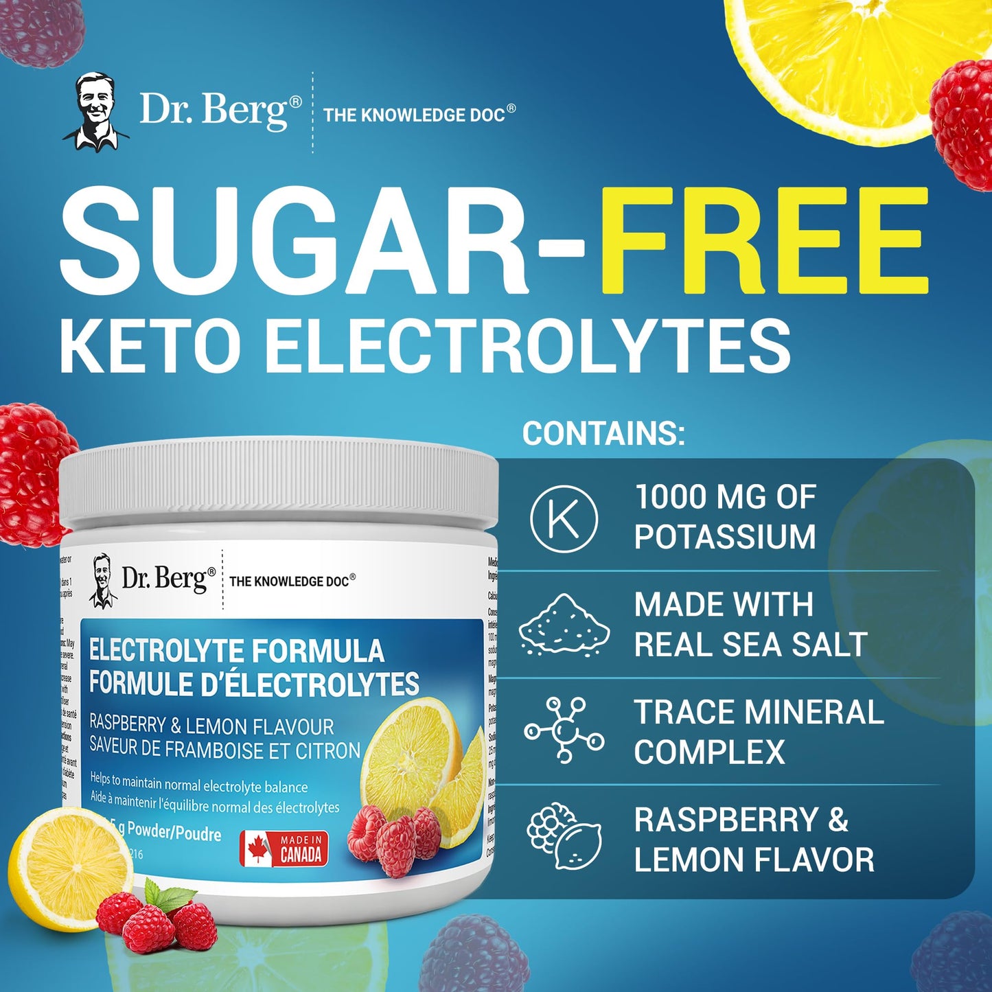 Dr. Berg Electrolytes Powder No Sugar - Enhanced w/ 1000 mg of Potassium & Real Sea Salt - Zero Sugar Electrolyte Powder - Raspberry & Lemon Flavor Hydration Powder Electrolytes - 50 Servings - Available at All In One Marketplace Canada