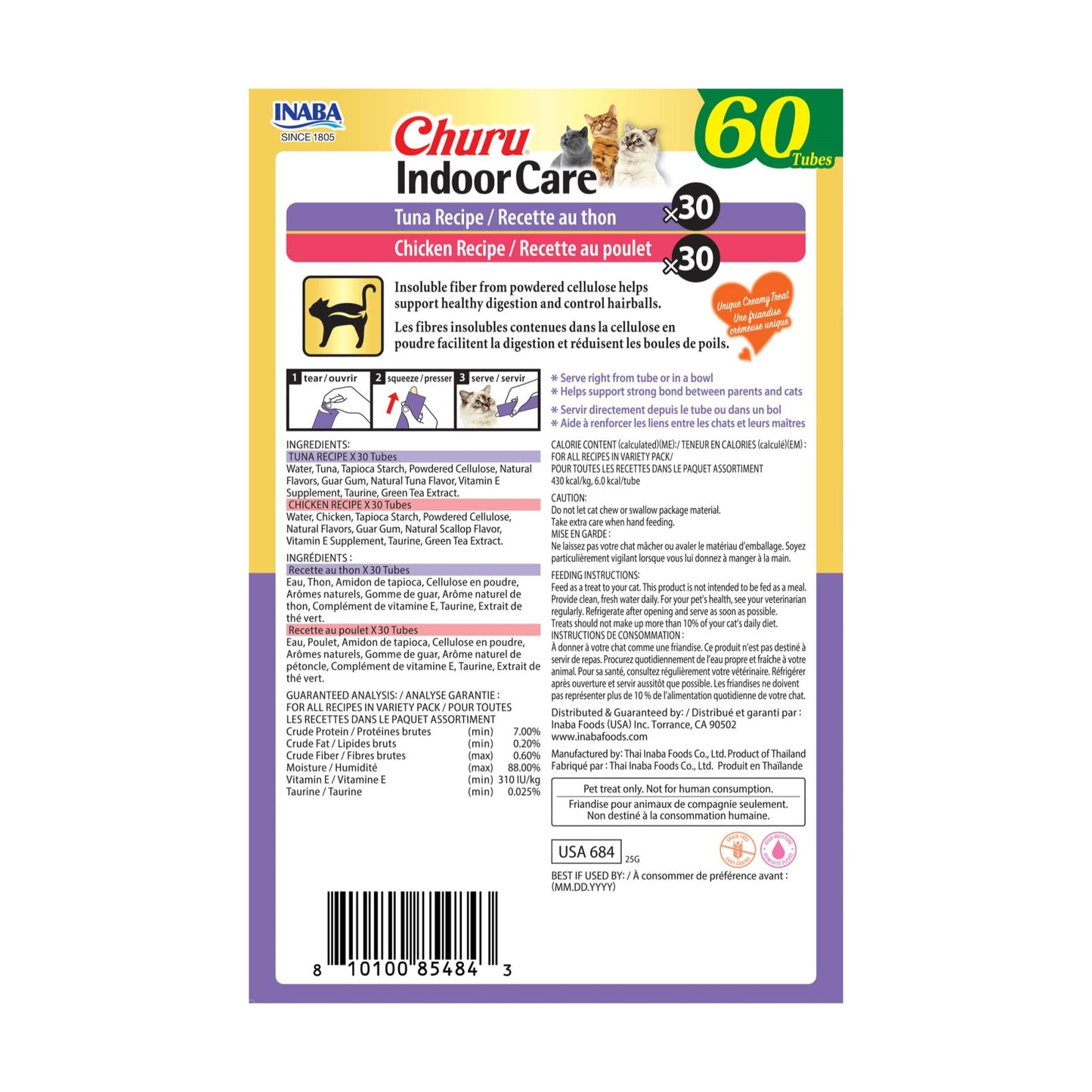 INABA Churu Indoor Care for Hairball Control, Functional Lickable Cat Treat with Taurine & Green Tea Extract, 14g Each, 60 Tubes Total, Tuna & Chicken Variety
