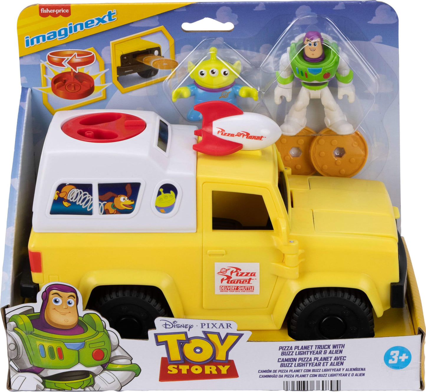 Fisher-Price Imaginext Disney and Pixar Toy Story Pizza Planet Truck with 3-inch Buzz Lightyear & Alien Friend Action Figures, Toy Vehicle & Pizza Projectile Accessories Fisher-Price