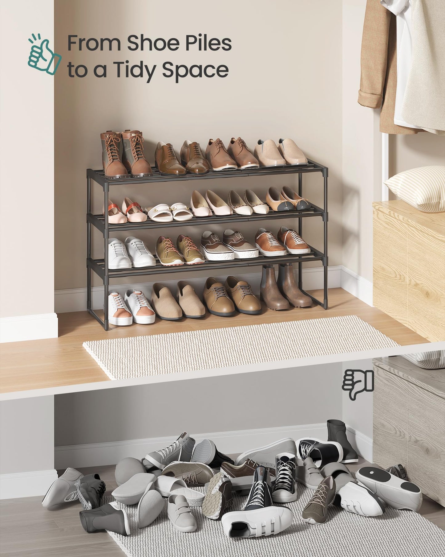 SONGMICS Shoe Rack, 3-Tier Shoe Organizer, Sturdy Storage Shelf, Upright or Upside Down, for 16-20 Pairs, Stackable, for Entryway, 30 x 92 x 55 cm, Black ULSA303B02