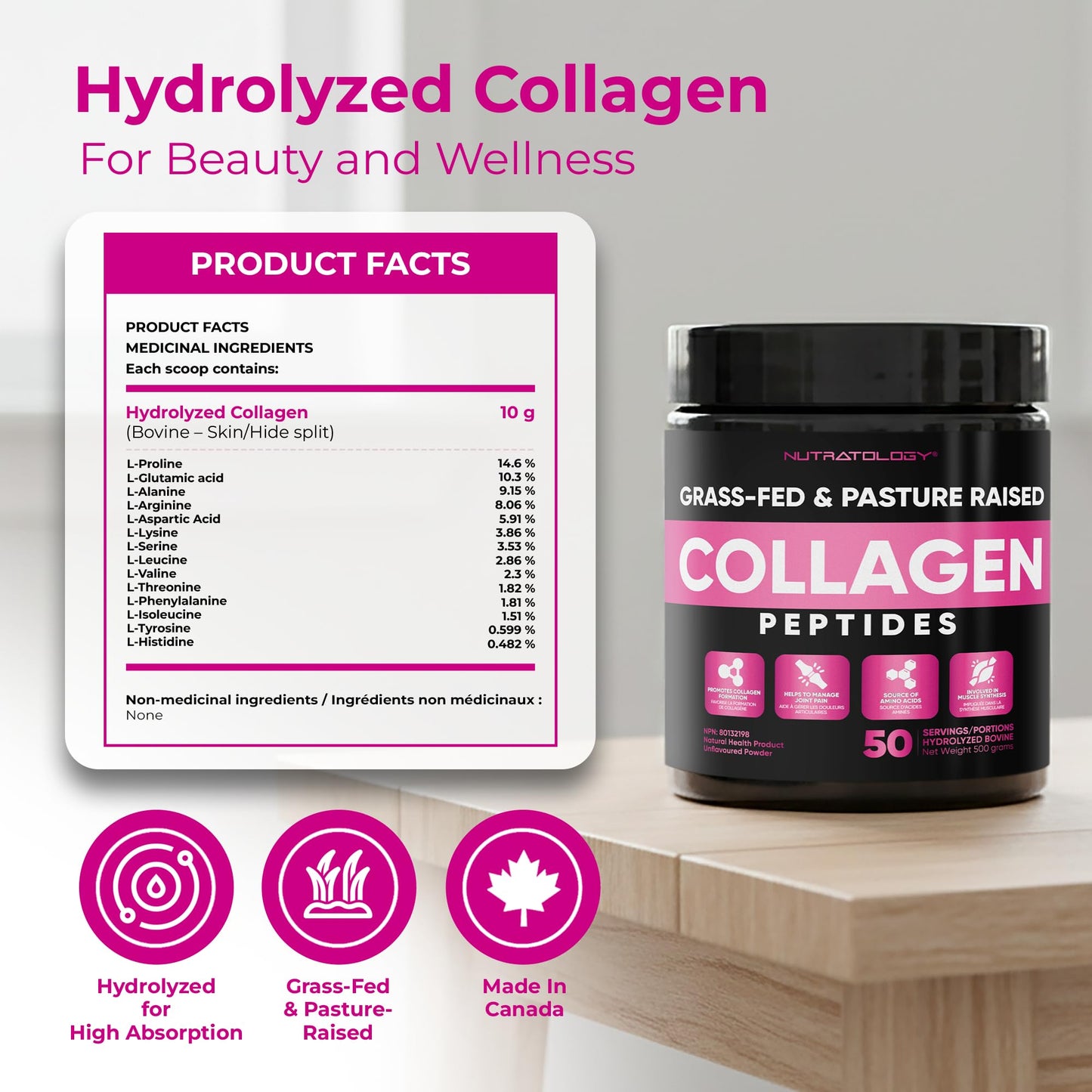 Nutratology® Collagen Powder | Grass-Fed & Canadian-Made | Dissolves Easily | 50 Servings | Supports Healthy Hair, Skin, Nails, & Joints | Hydrolyzed Collagen Peptides Type 1 & 3 | Unflavoured | 500G - Available at All In One Marketplace Canada