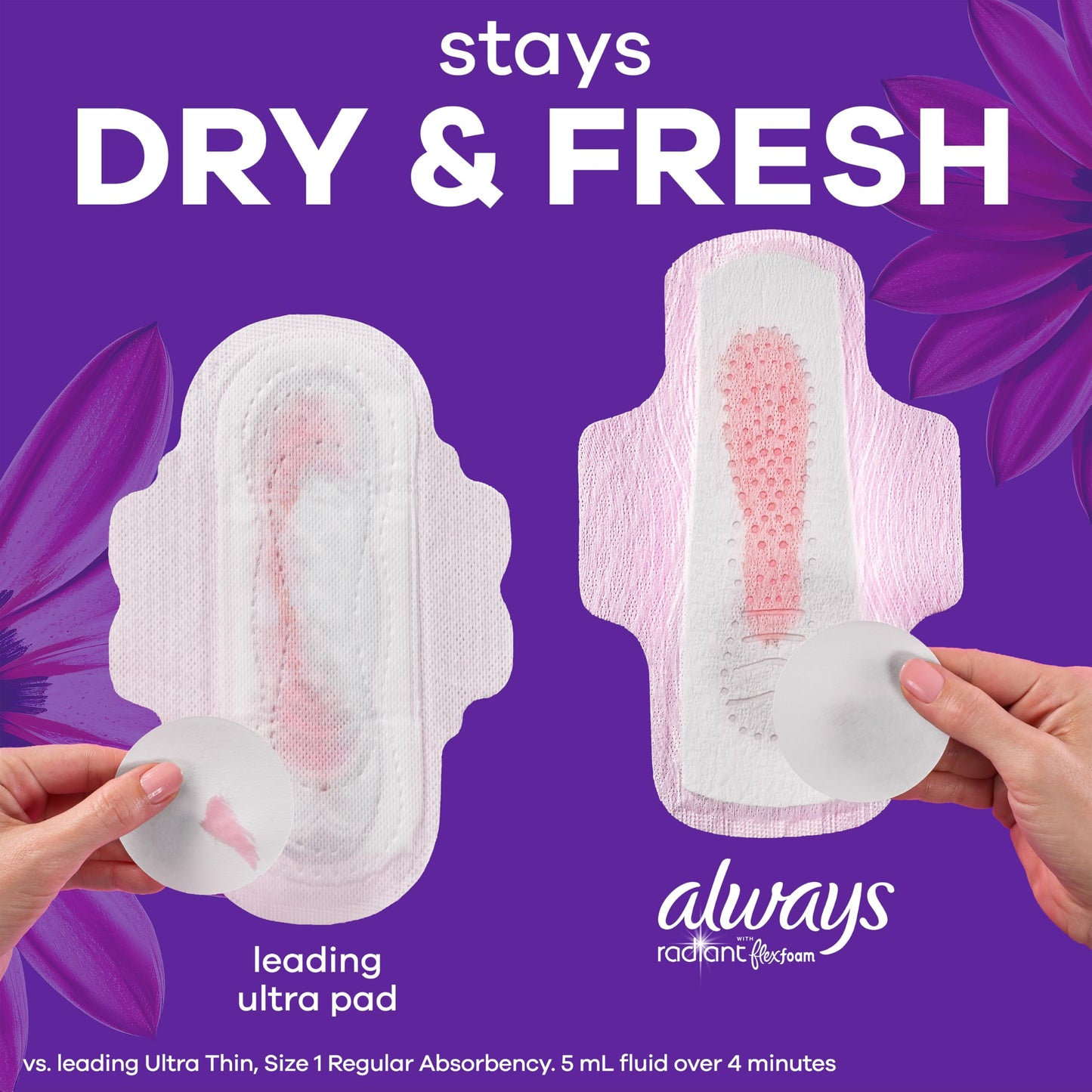 Always Radiant with FlexFoam Pads, Size 5, Extra Heavy Overnight Absorbency, with Wings, Lightly Scented, Up to ZERO leaks, ZERO feel, ZERO odor, 54 Count π All In One Marketplace Canada