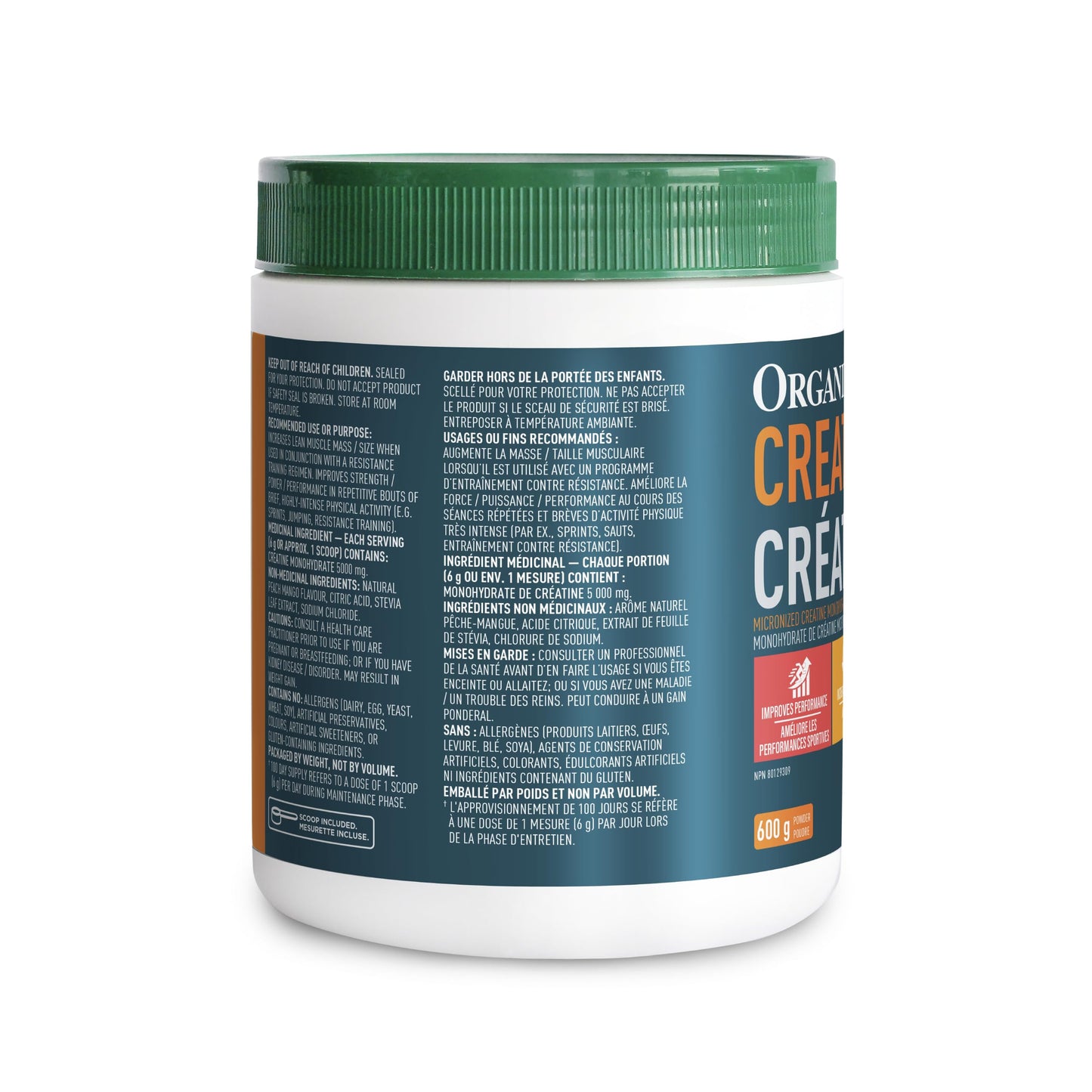 Organika Canadian-Made Creatine Powder- Peach Mango- Pure Micronized Creatine Monohydrate - Helps Build Lean Muscle, Increase Strength, and Improved Recovery and Performance for Men and Women - 600g