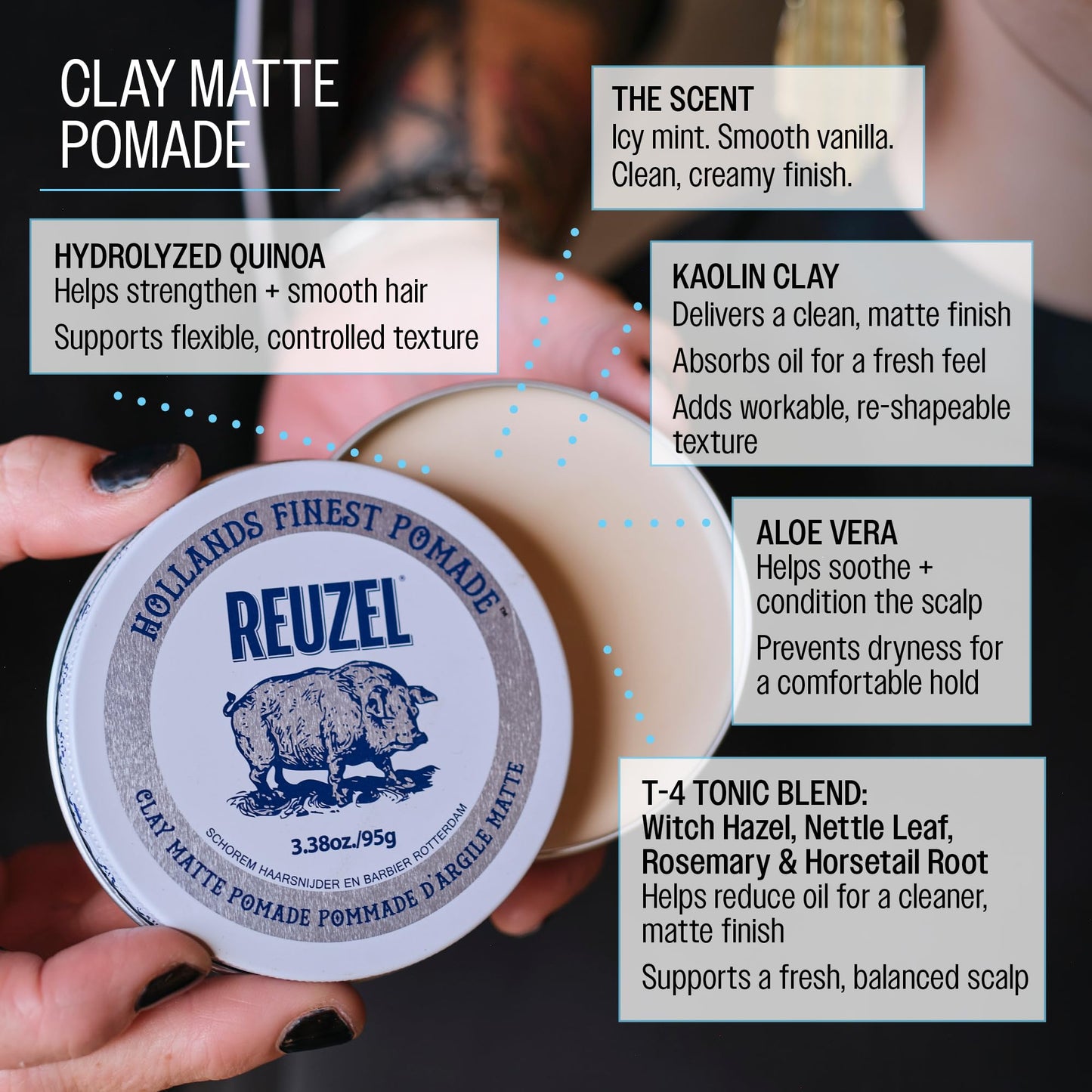 Reuzel Clay Matte Pomade, Medium Hold Matte Finish Hair Styling Clay, Lightweight & Flexible Texturizing Pomade for Volume & Definition With Aloe Vera & Vitamin E, 95g REUZEL