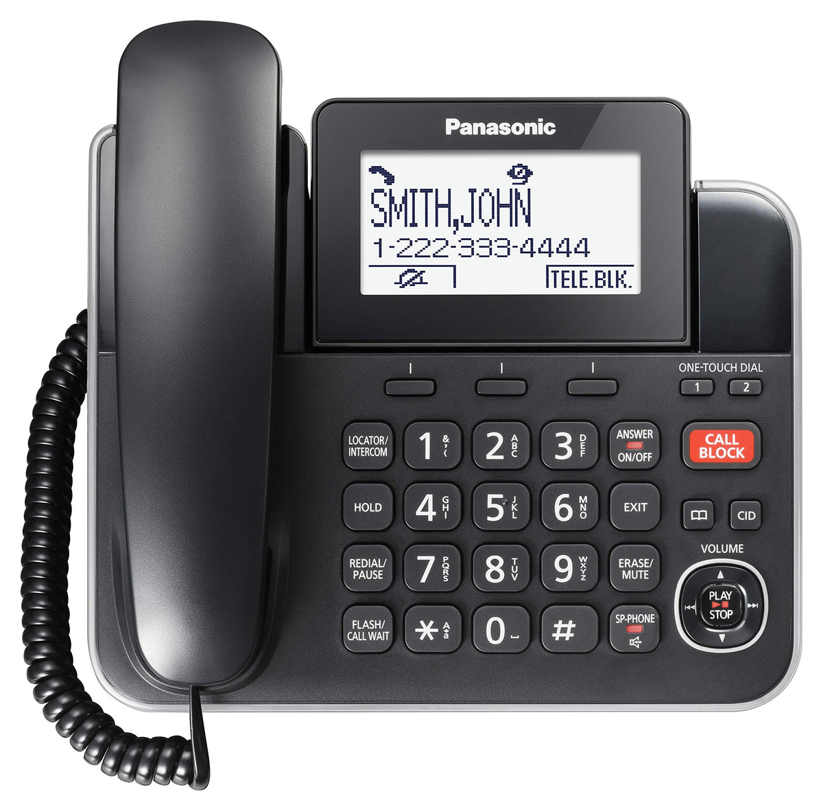 Panasonic DECT 6.0 2-in-1 Corded/Cordless Phone with Answering Machine, Advanced Call Block (1,000 numbers), and Talking Caller ID - 2 Cordless Handset - KX-TGF872CB (Black)