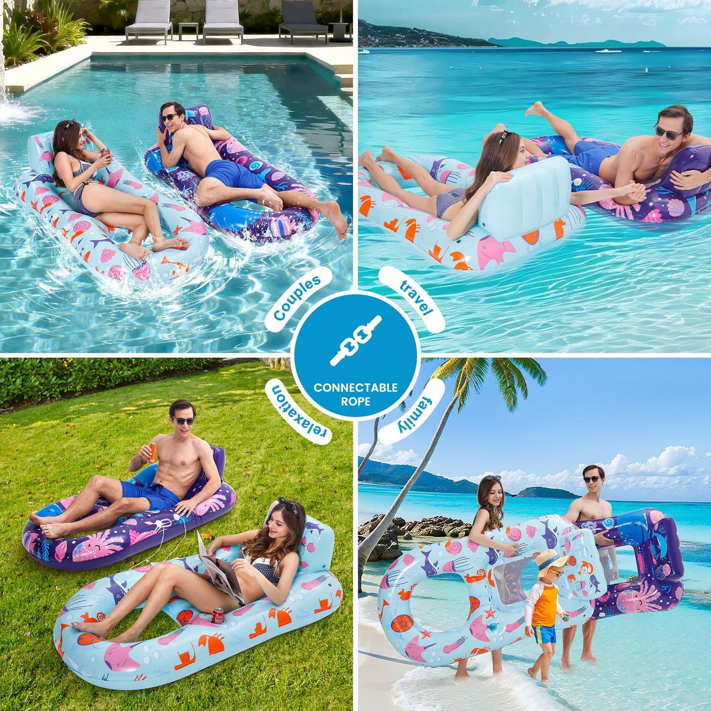 PuppyuWill 2 Pack Pool Floaties for Adults, Inflatable Pool Lounger Float Heavy Duty with Cup Holder, Backrest & Footrest Pool Lounge Float Extra Large Pool Rafts for Adults Beach Lake Party
