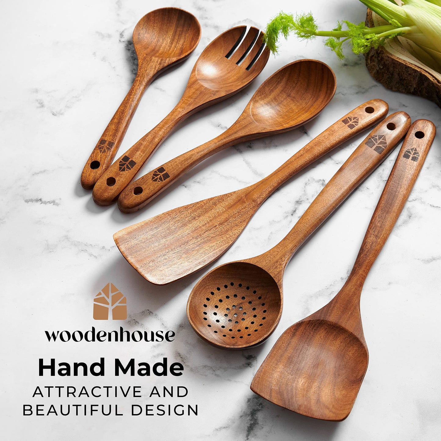 Wooden Spoons for Cooking – Wooden Kitchen Utensils Set, 6 Pcs Teak Wood Utensil Set – Comfortable Grip Non–Stick Wooden Cooking Utensils - Available at All In One Marketplace Canada