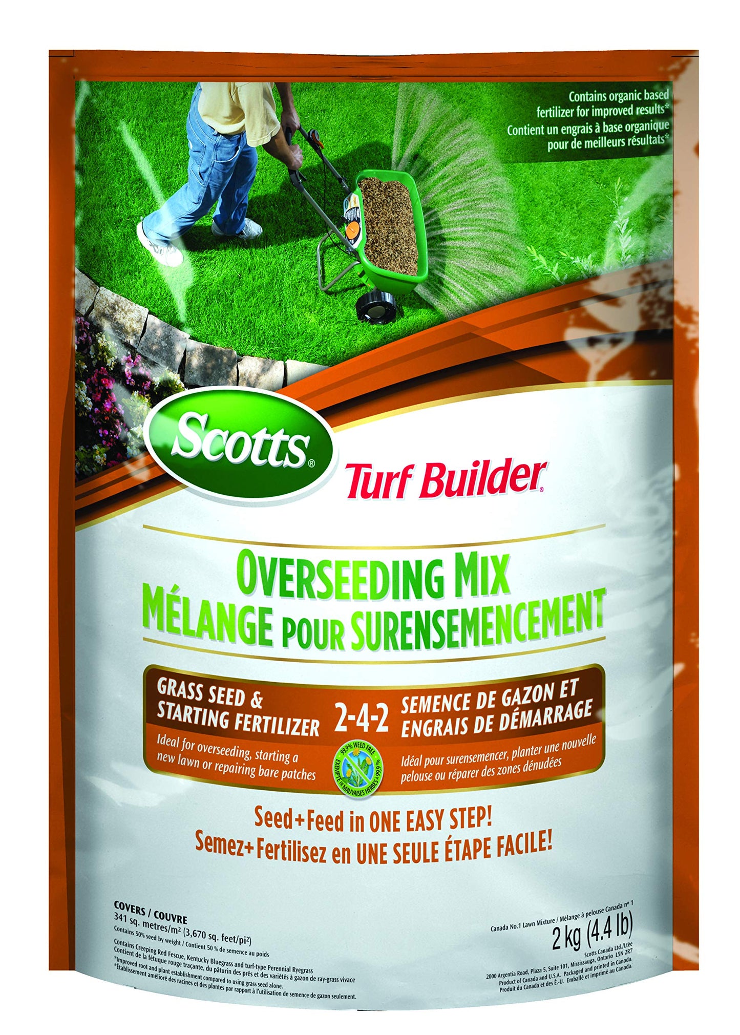 Scotts Turf Builder Overseeding Mix Grass Seed & Starting Fertilizer 2-4-2, 2kg (341 sq Meters / 3,670 sq feet Coverage) | Repair Thin Lawns, Fast Germination, Strong Roots - Available at All In One Marketplace Canada