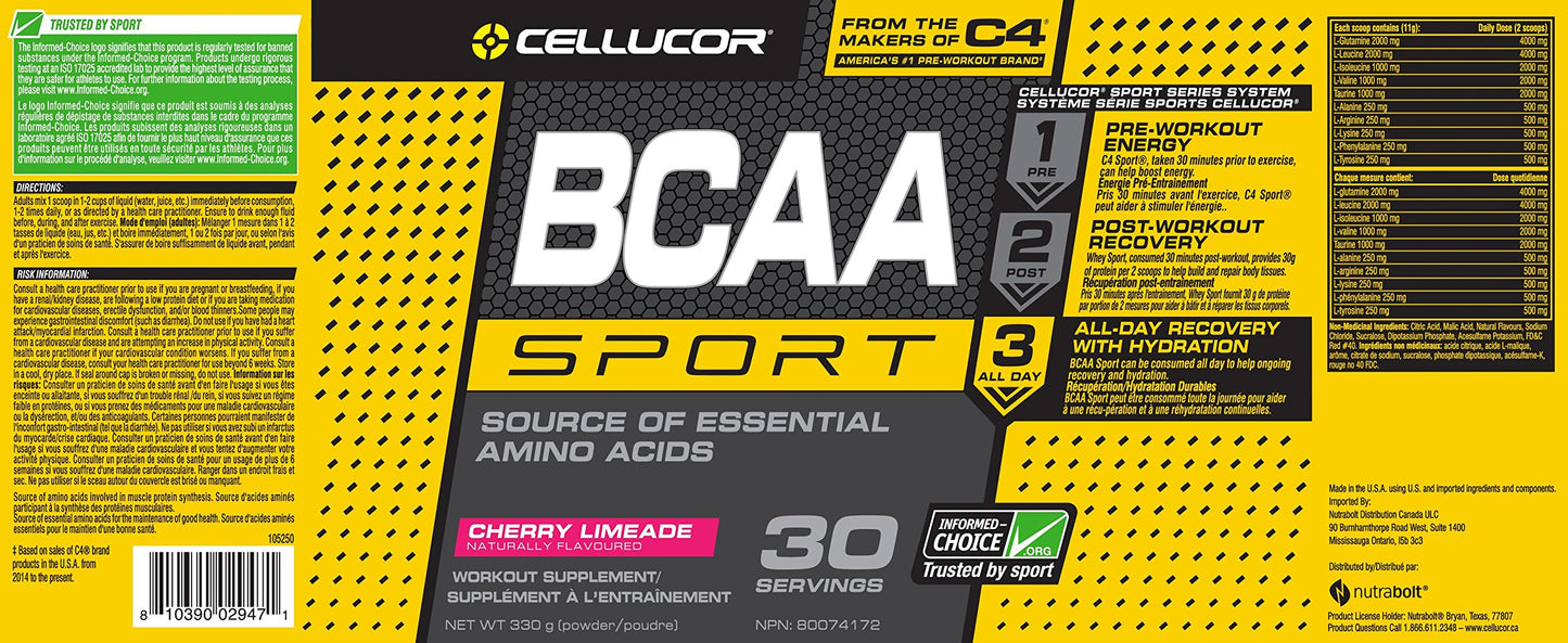 Cellucor BCAA Sport Recovery Powder - Post & Intra Workout Energy Supplement - Cherry Limeade, 30 Servings Cellucor