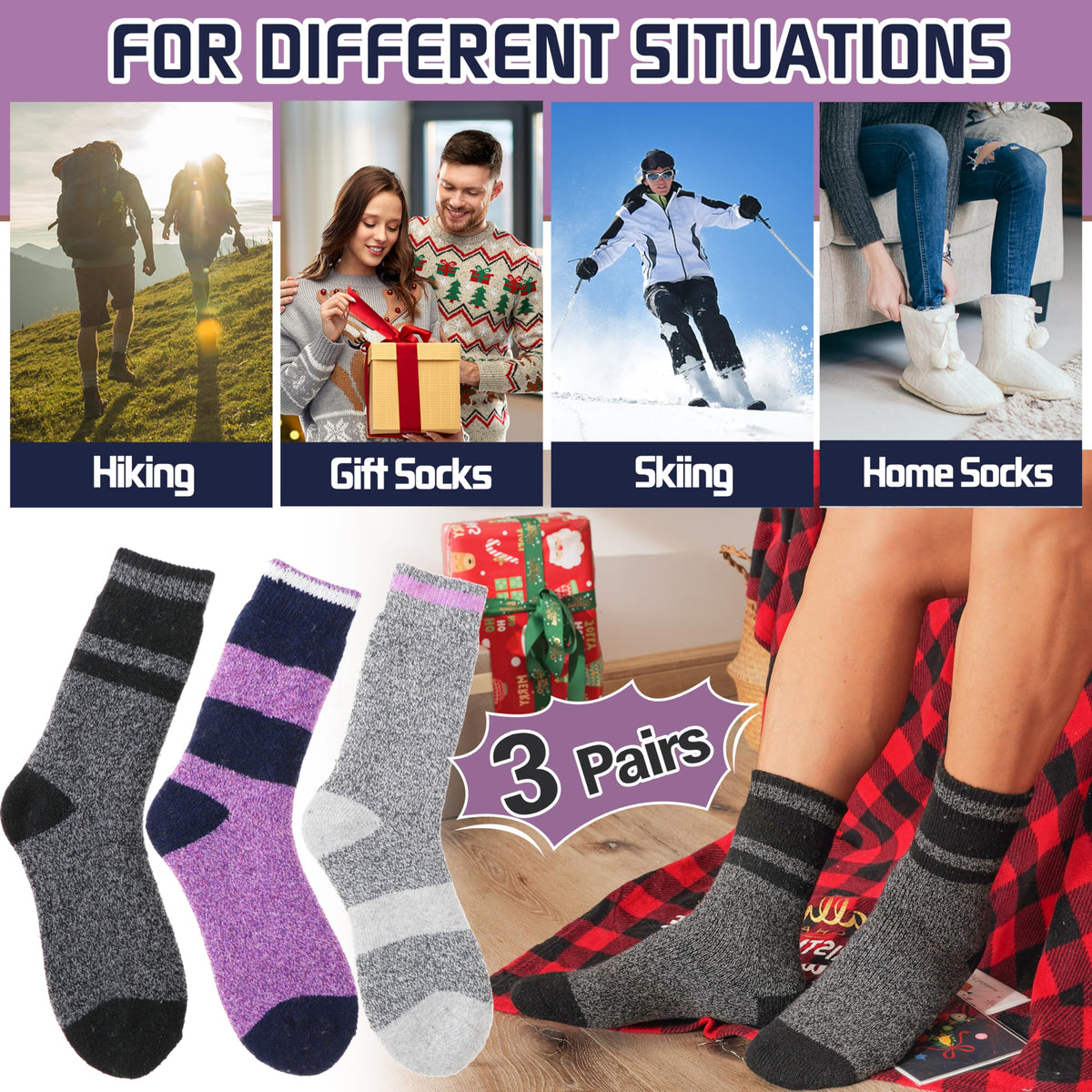 MOGGEI Heated Thermal Socks for Men Women Winter Warm Thick Insulated Ski Crew Socks Gift Stocking Stuffers for Women 3 Pairs(Purple/Black/Light Grey,M) 🍁 All In One Marketplace Canada