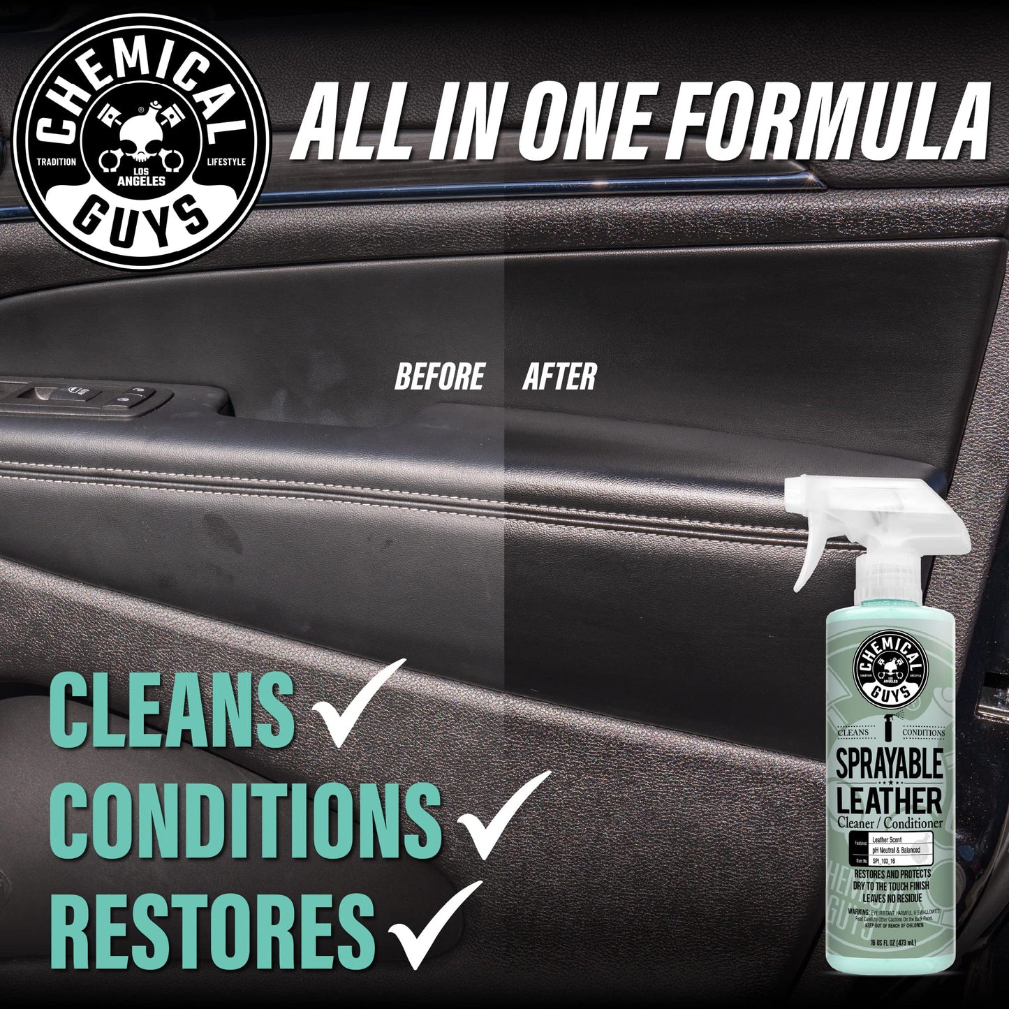 Chemical Guys Sprayable Leather Cleaner and Conditioner in One for Car Interiors, Apparel, and More (Works on Natural, Synthetic, Pleather, and More) Leather Scent, 473 ml Chemical Guys