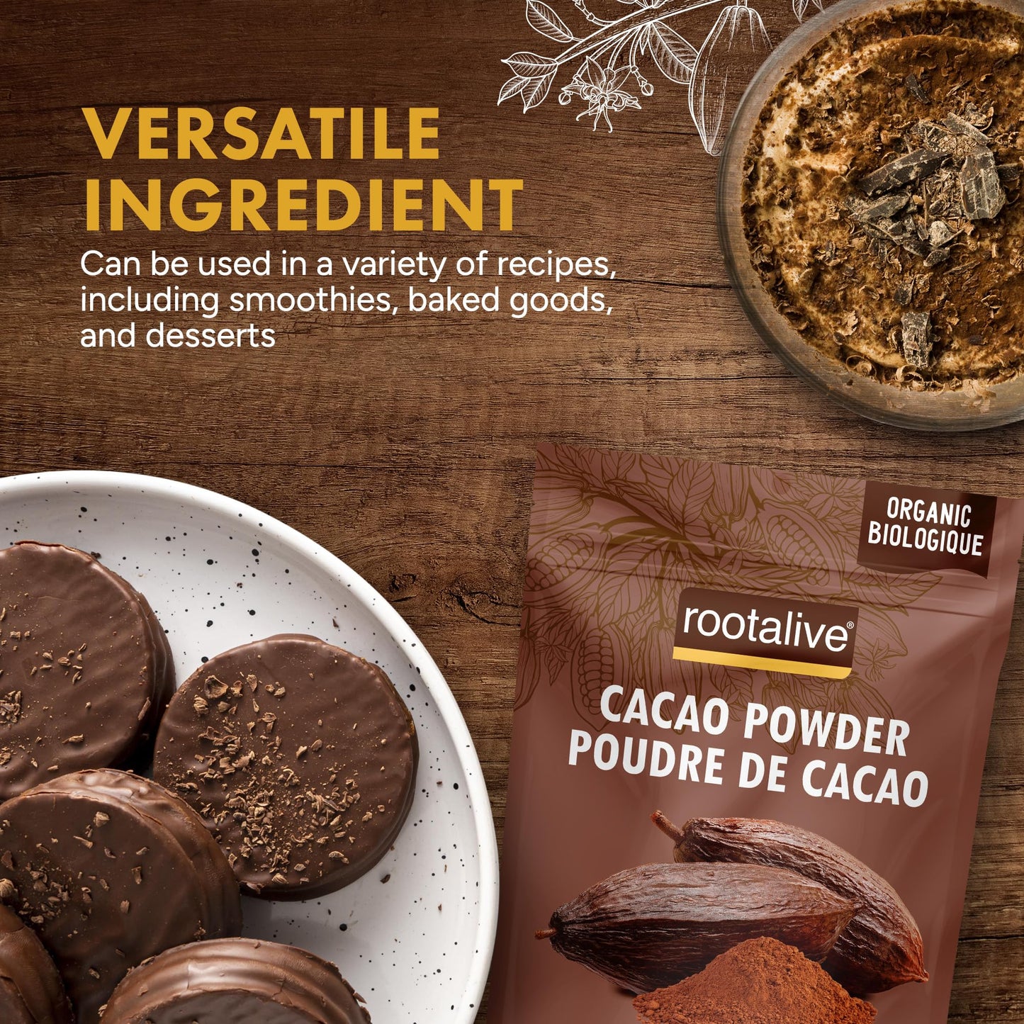 Rootalive Organic Raw Cacao Powder 454g (1lb), Premium Unroasted Cacao Bean powder in a Resealable Bag, Raw, Unsweetened, Vegetarian and Gluten-Free - Available at All In One Marketplace Canada