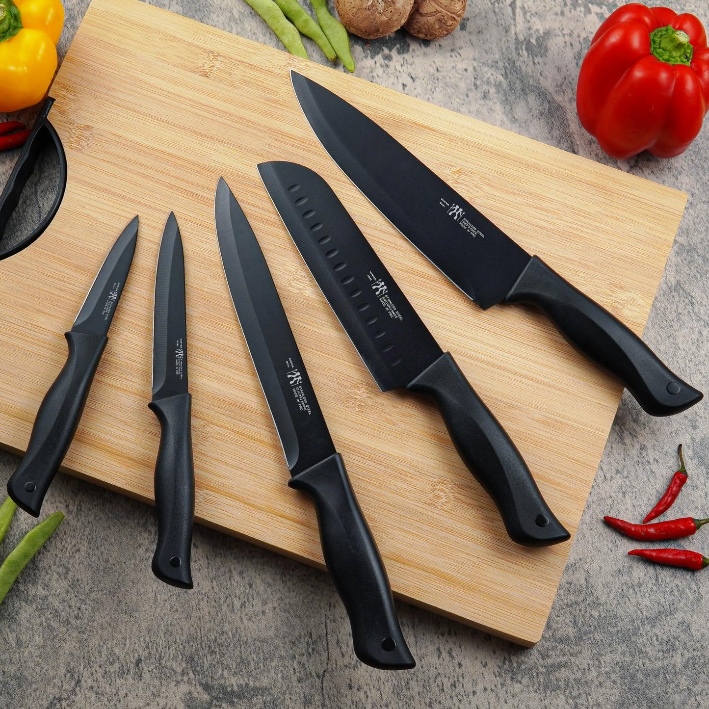 HUNTER.DUAL Knife Set, Dishwasher Safe Kitchen Knife Set with Block, 15 Pcs Black Kitchen Knife Sets with Block Self Sharpening, 6 Steak Knives, Black