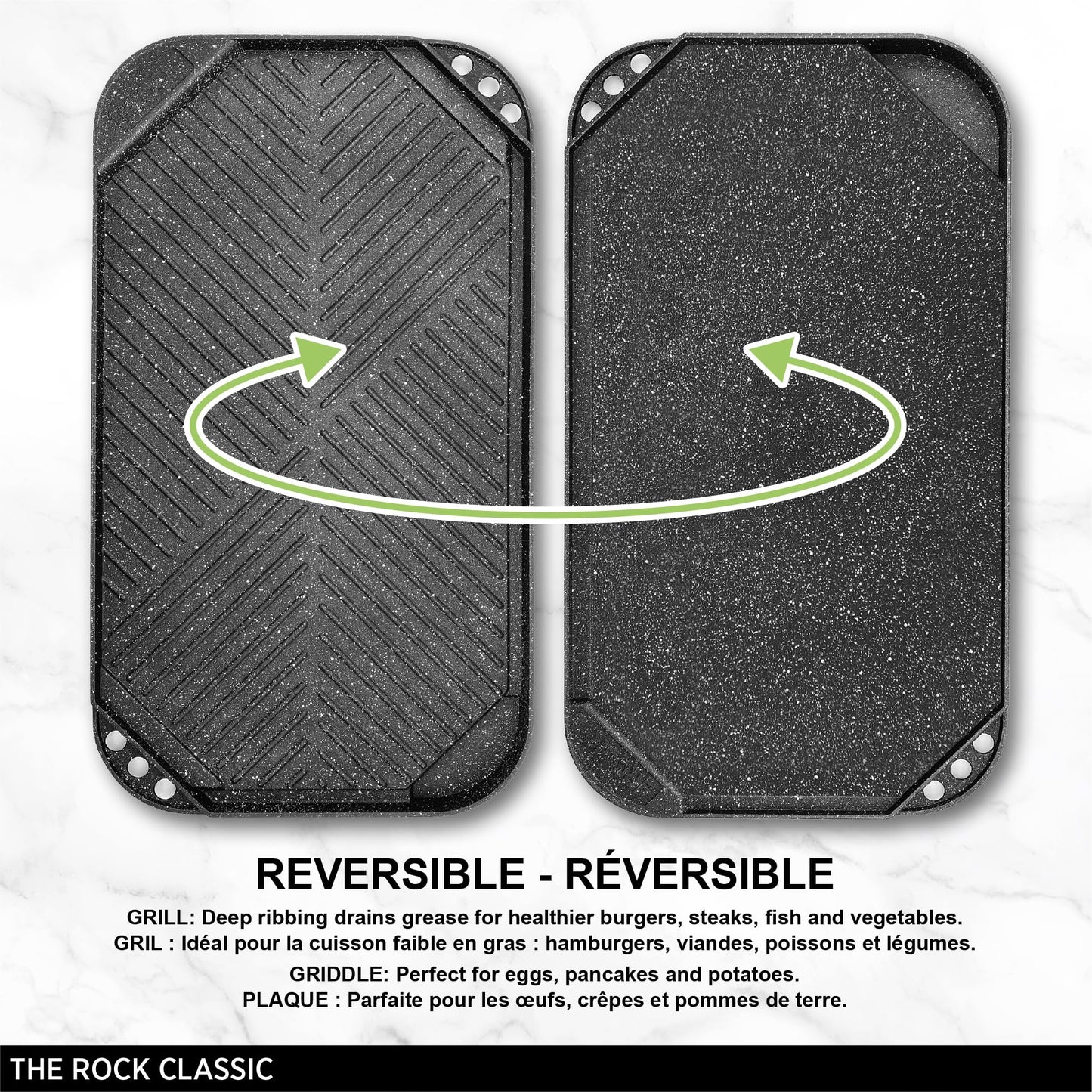 Starfrit The Rock 50x28cm (19.7" x 11") Non-Stick Reversible Grill & Griddle - Durable Forged Aluminum - Oven Safe - PFOA Free - Easy to Clean - Black - Available at All In One Marketplace Canada