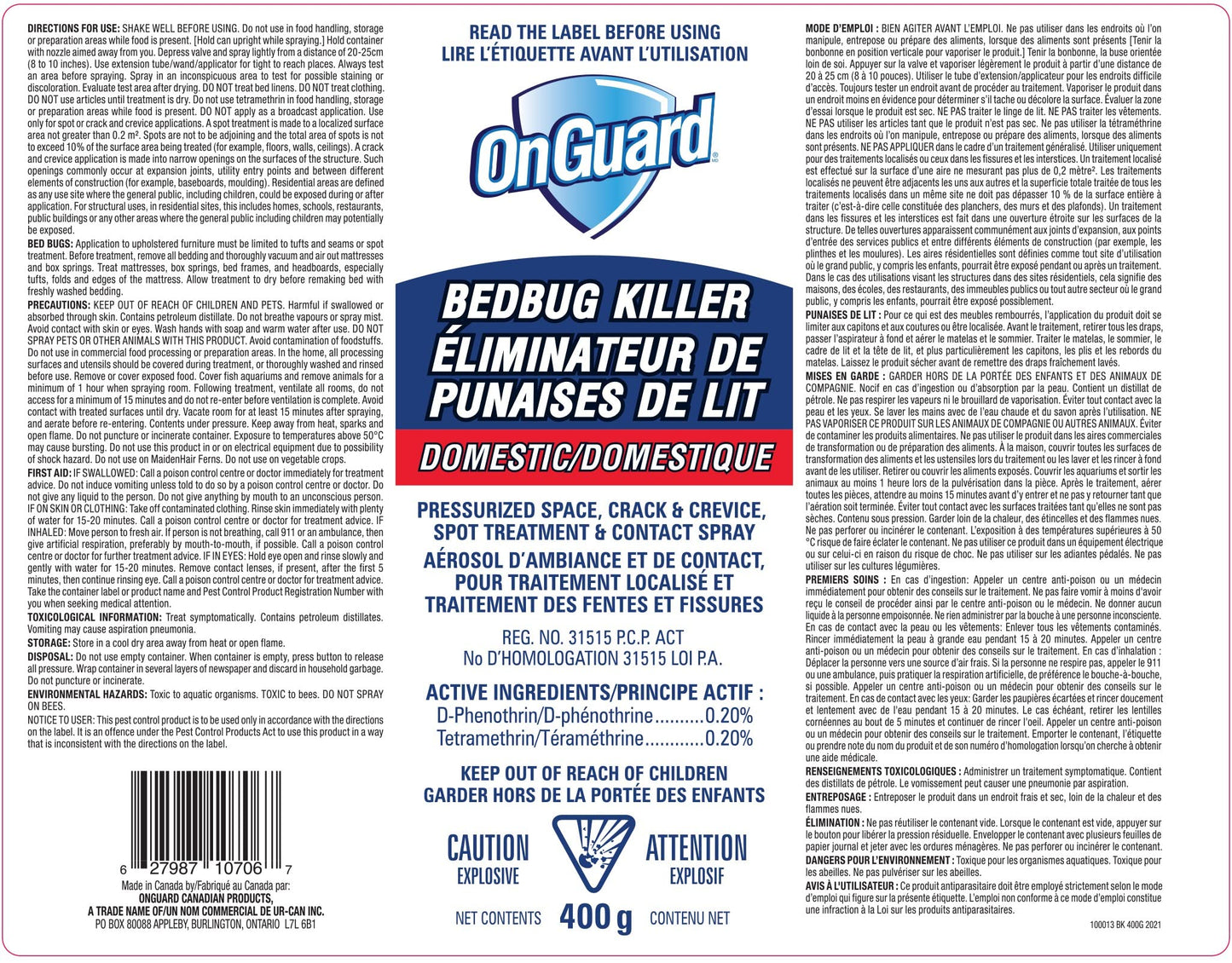 OnGuard Bedbug Killer Aerosol Spray Can 400g | Bed Bug, Flea and Tick Killer | Pressurized Space, Crack and Crevice, Spot Treatment and Contact Spray | Ready to Use - Available at All In One Marketplace Canada