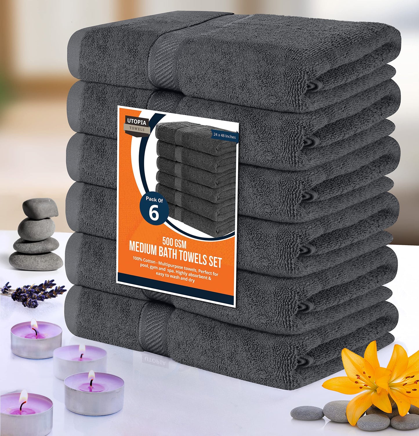 Utopia Towels 6 Medium Bath Towels, 24 by 48 Inches, 100% Cotton Towels for Pool, Spa, Gym, Quick Drying and Absorbent, Grey - Available at All In One Marketplace Canada