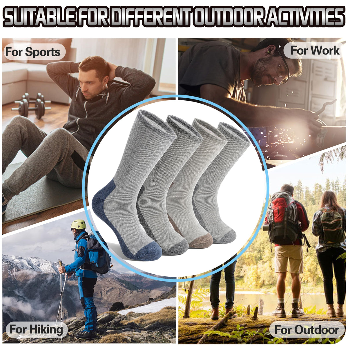 ProEtrade Merino Wool Hiking Socks for Men & Women Thermal Winter Warm Crew Thick Cushion Work Cozy Socks 4 Pairs Gifts Stockling Stuffers for Men (Mixed,L) 🍁 All In One Marketplace Canada
