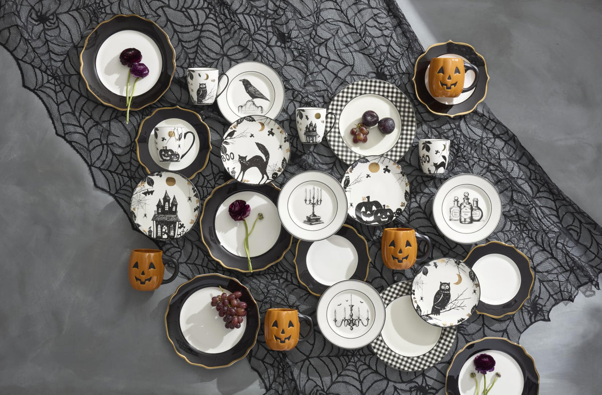 Service d'assiettes de table en porcelaine Lenox Gingham noir pour Halloween, ensemble pour 4 personnes