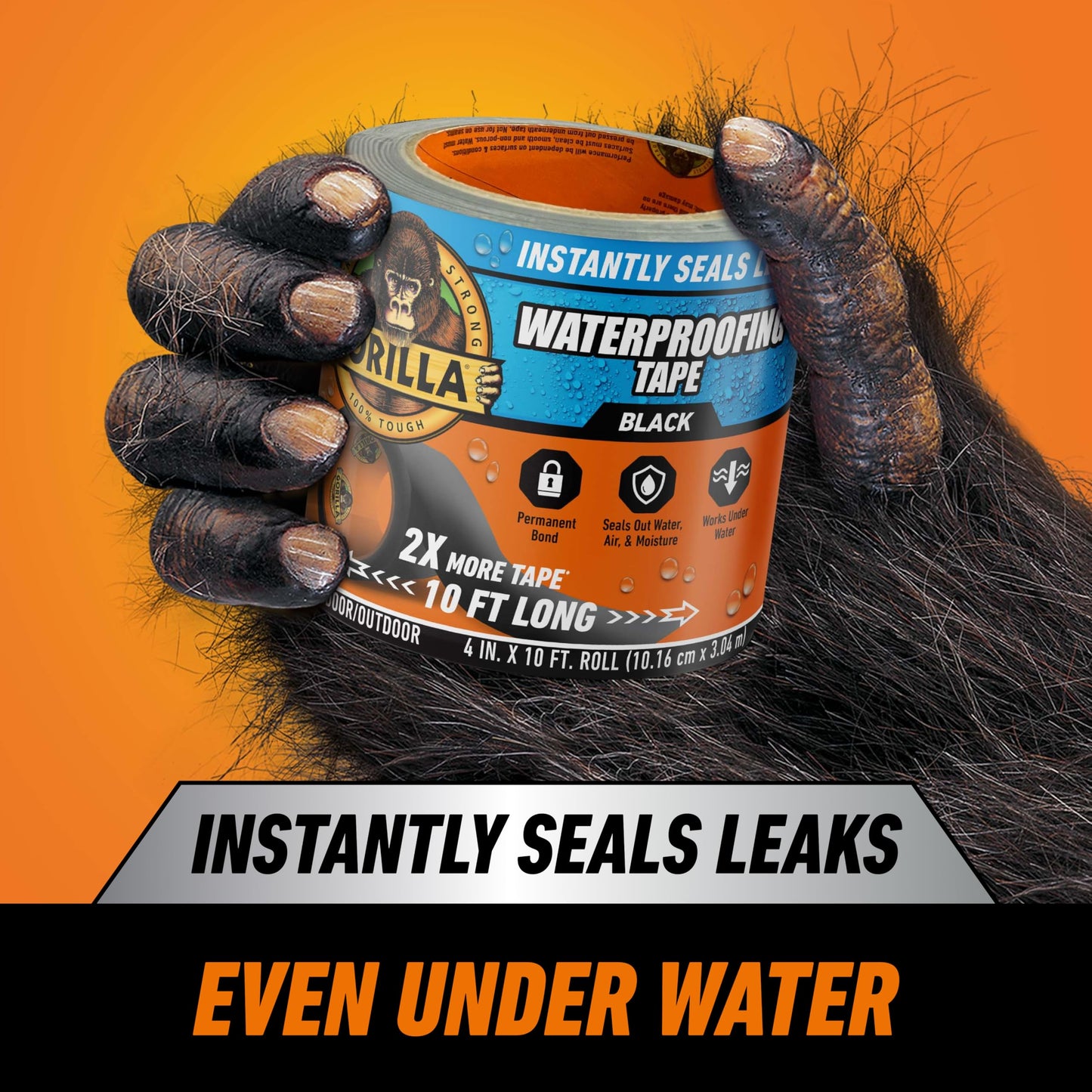 Gorilla Waterproof Patch & Seal Tape, Heavy-Duty, Instantly Seals, Works Underwater, Indoor/Outdoor, Flexible Permanent Bond, 4 in x 10 ft, Black, 1 Pack