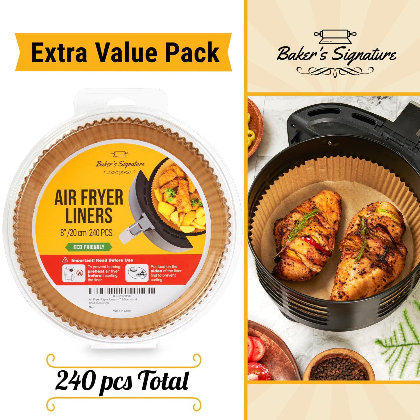 Baker's Signature Disposable 8" Round Air Fryer Parchment Paper Liner, 250 Pcs - Compatible with Up to 5.8 qt Baskets (Package May Vary) - Available at All In One Marketplace Canada