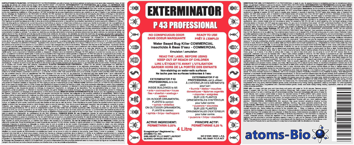 Exterminator P 43 Professional | Insect Killer Spray | Water-Based, Odor-Free Formula | 4L | Kills Ants, Cockroaches, Ticks, House Flies, Spiders | Indoor & Outdoor Use | Permethrin 0.25% - Available at All In One Marketplace Canada