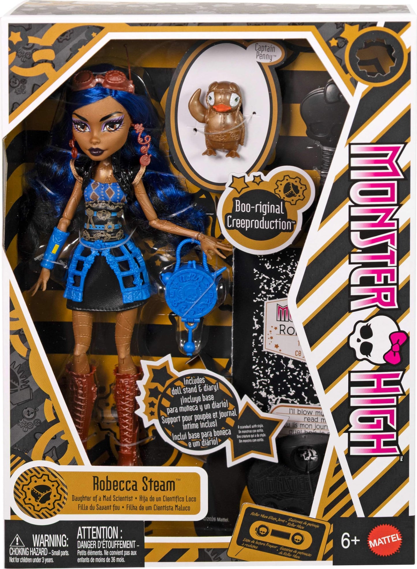 Monster High Boo-riginal Creeproduction Doll, Robecca Steam Collectible Reproduction with Doll Stand, Diary, and Pet Penguin Captain Penny Monster High