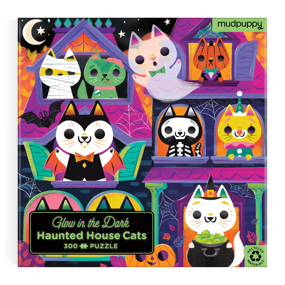 Mudpuppy Haunted House Cats Glow in the Dark Puzzle – 300 Piece Puzzle Featuring Spooky Cats on Halloween