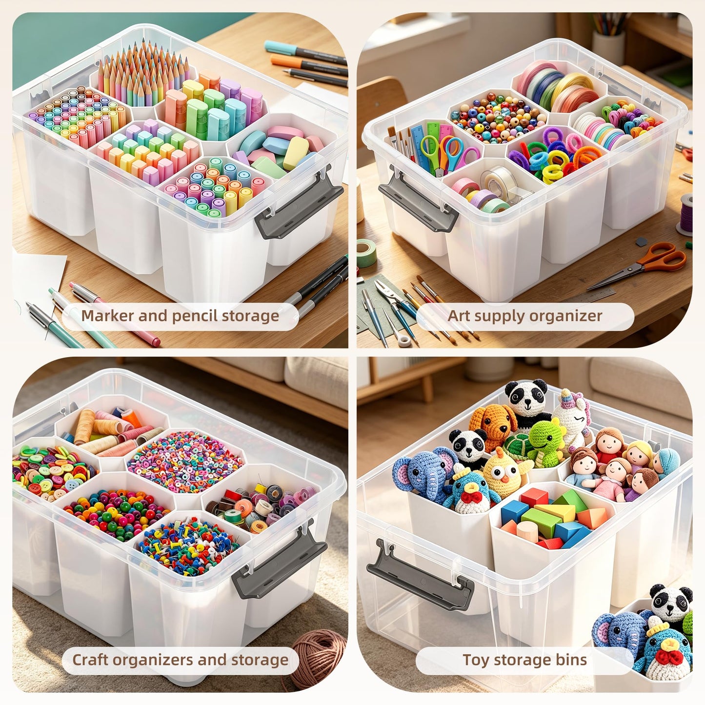 Citylife 17 QT Plastic Storage Bins with 6 Detachable Inserts Clear Storage Box with Lids Multipurpose Stackable Storage Containers for Organizing Crayon, Tool, Craft - Available at All In One Marketplace Canada