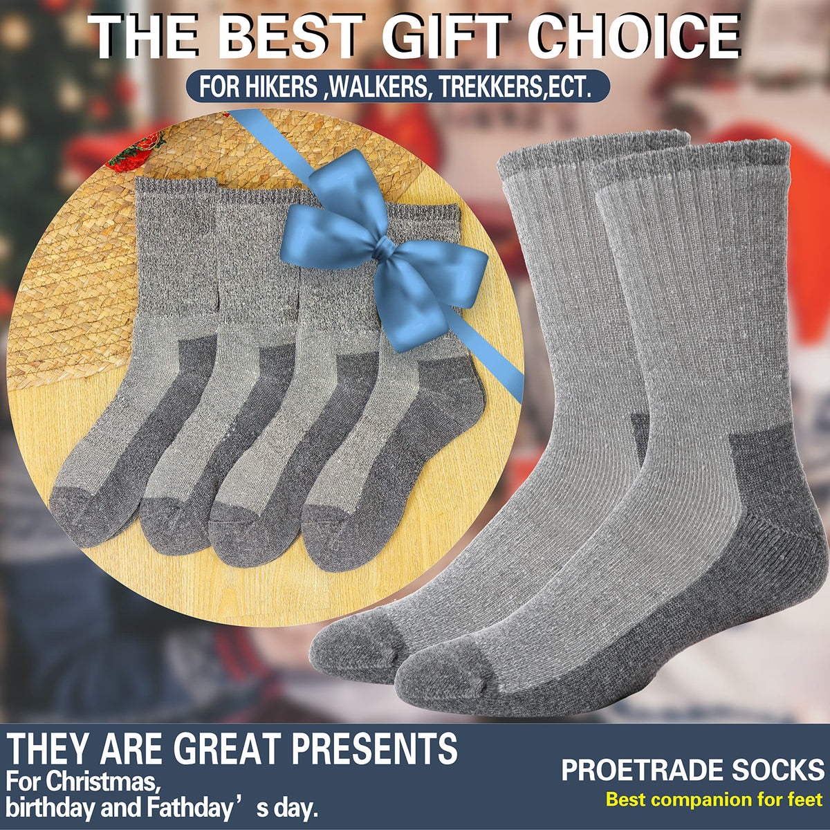 ProEtrade Merino Wool Hiking Socks for Men & Women Thermal Winter Warm Crew Thick Cushion Work Cozy Socks 4 Pairs Gifts Stockling Stuffers for Men(Classic Grey,L) 🍁 All In One Marketplace Canada