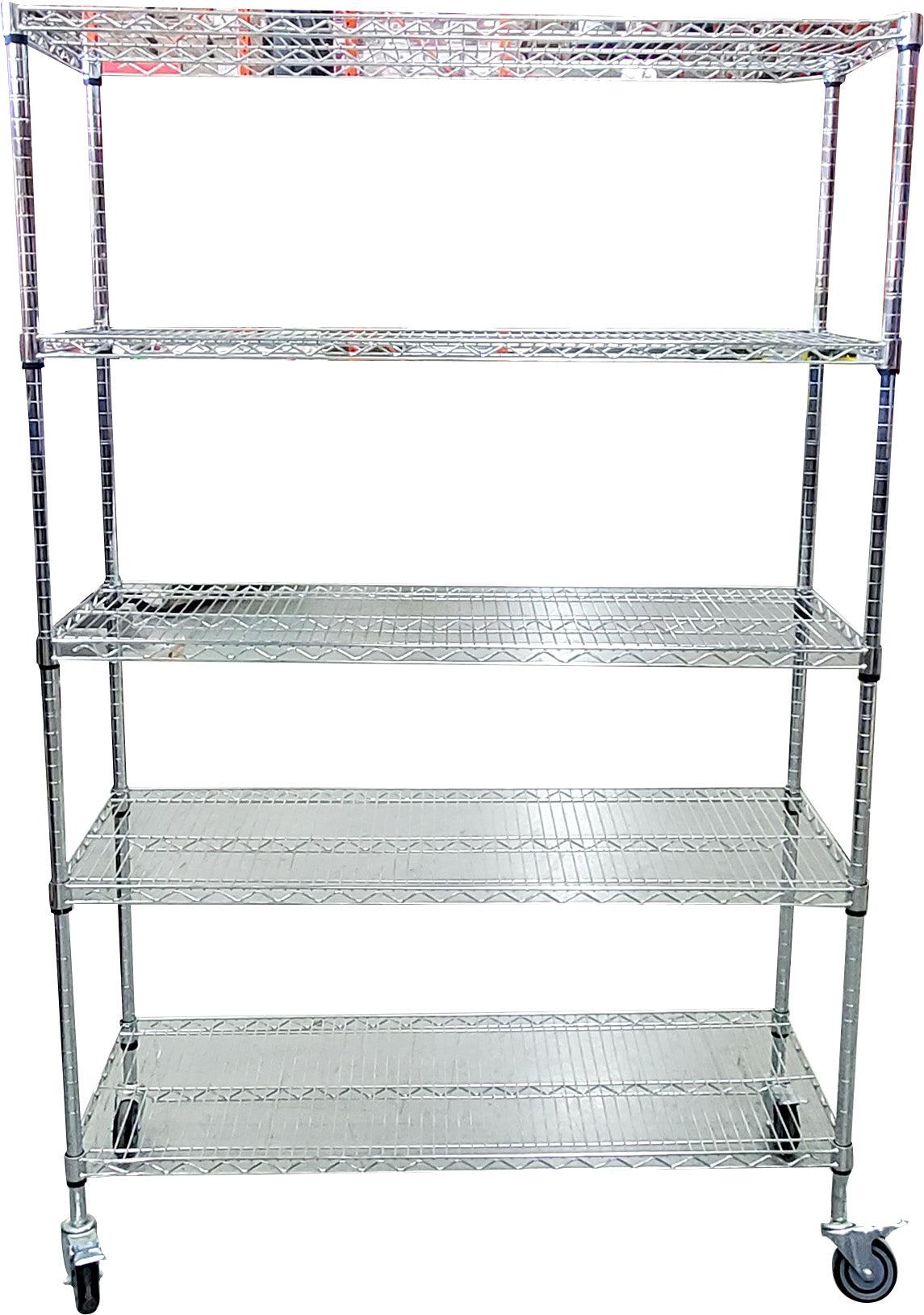 Chrome Wire Shelving - 5 Shelves w/ Wheels - 48x18x72"