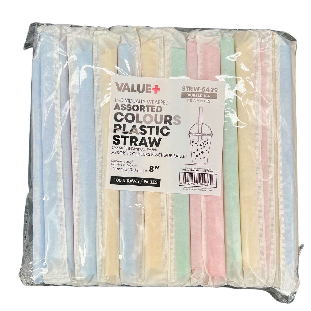 Value+ - 8" Assorted Colours Plastic Straws- Bubble Tea- Sharp End - Paper Wrapped - 12 mm