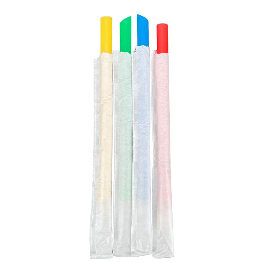 Value+ - 8" Assorted Colours Plastic Straws- Bubble Tea- Sharp End - Paper Wrapped - 12 mm