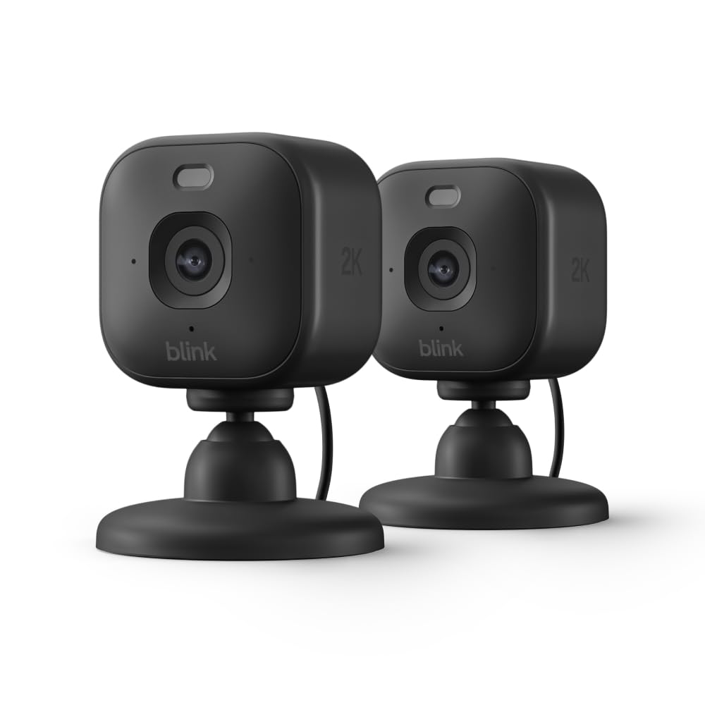 Blink Mini 2K+ (newest model) – Plug-in Home & Pet Security Camera with 2K video resolution, colour night vision, enhanced audio, motion detection – 2 cameras (Black)