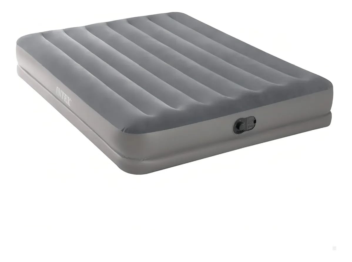 INTEX 64114E Dura-Beam Standard Prestige Air Mattress: Fiber-Tech – Queen Size – Built-in USB Electric Pump – 12in Bed Height – 600lb Weight Capacity Intex
