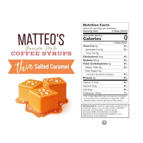 Matteo's Salted Caramel Sugar-Free Coffee Syrup - Barista-Quality Flavoring, Keto-Friendly, 25.4oz (6-Pack)