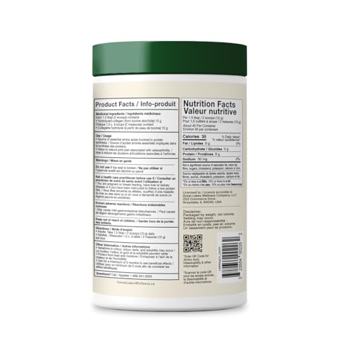 Great Lakes Wellness Grass-Fed Collagen Peptides - Unflavored Hydrolyzed Powder, Non-GMO, Hormone & Antibiotic Free - 454g