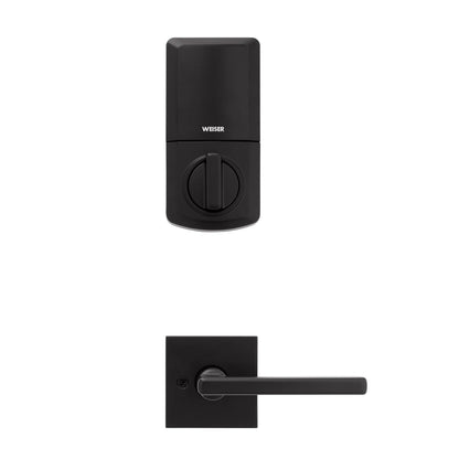 Weiser Matte Black Front Door Lock and Handle Set, SmartCode Keypad Door Lock with San Clemente Handleset & Halifax Interior Door Handle, Keyless Entry Door Lock, Front Door Handles with Deadbolt Lock Weiser