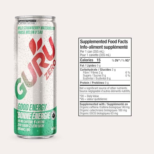 GURU ZERO SUGAR Organic Energy Drink Variety Pack – Plant-Based Caffeine, 140mg per 355mL, 12-Pack