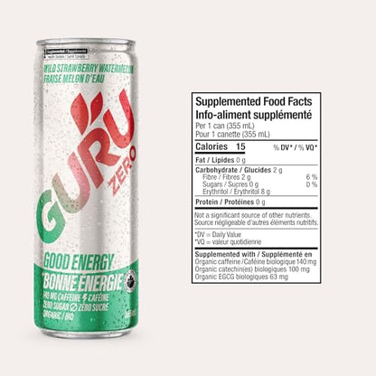 GURU ZERO SUGAR Organic Energy Drink Variety Pack – Plant-Based Caffeine, 140mg per 355mL, 12-Pack