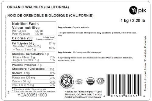 Yupik Organic Raw Walnut Halves - 1 kg Kosher, Gluten-Free, Non-GMO, Unsalted & Unroasted