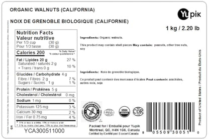 Yupik Organic Raw Walnut Halves - 1 kg Kosher, Gluten-Free, Non-GMO, Unsalted & Unroasted