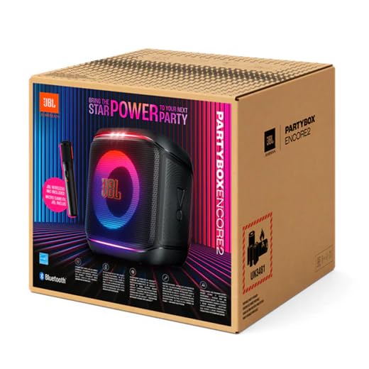 JBL PartyBox Encore 2 (with 2 Mics) - Portable Party Speaker with Two Digital Wireless Mics, 100W Powerful Sound, AI Sound Boost, Auracast-Enabled, Dynamic Light Show, and IPX4 Splash Proof - Black
