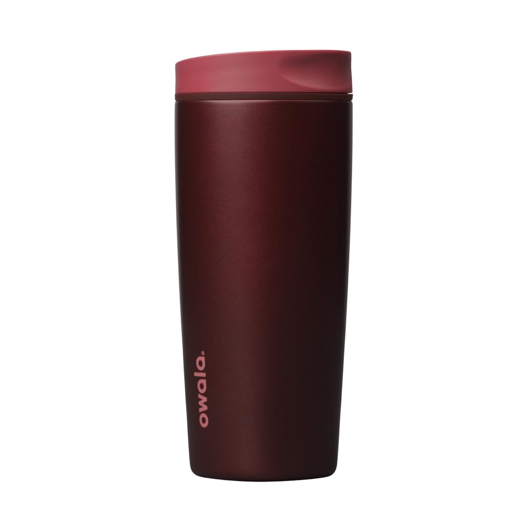 Owala SmoothSip Slider Insulated Stainless Steel Coffee Tumbler, Reusable Iced Coffee Cup, Hot Coffee Travel Mug, BPA Free 20 oz, Black Cherry